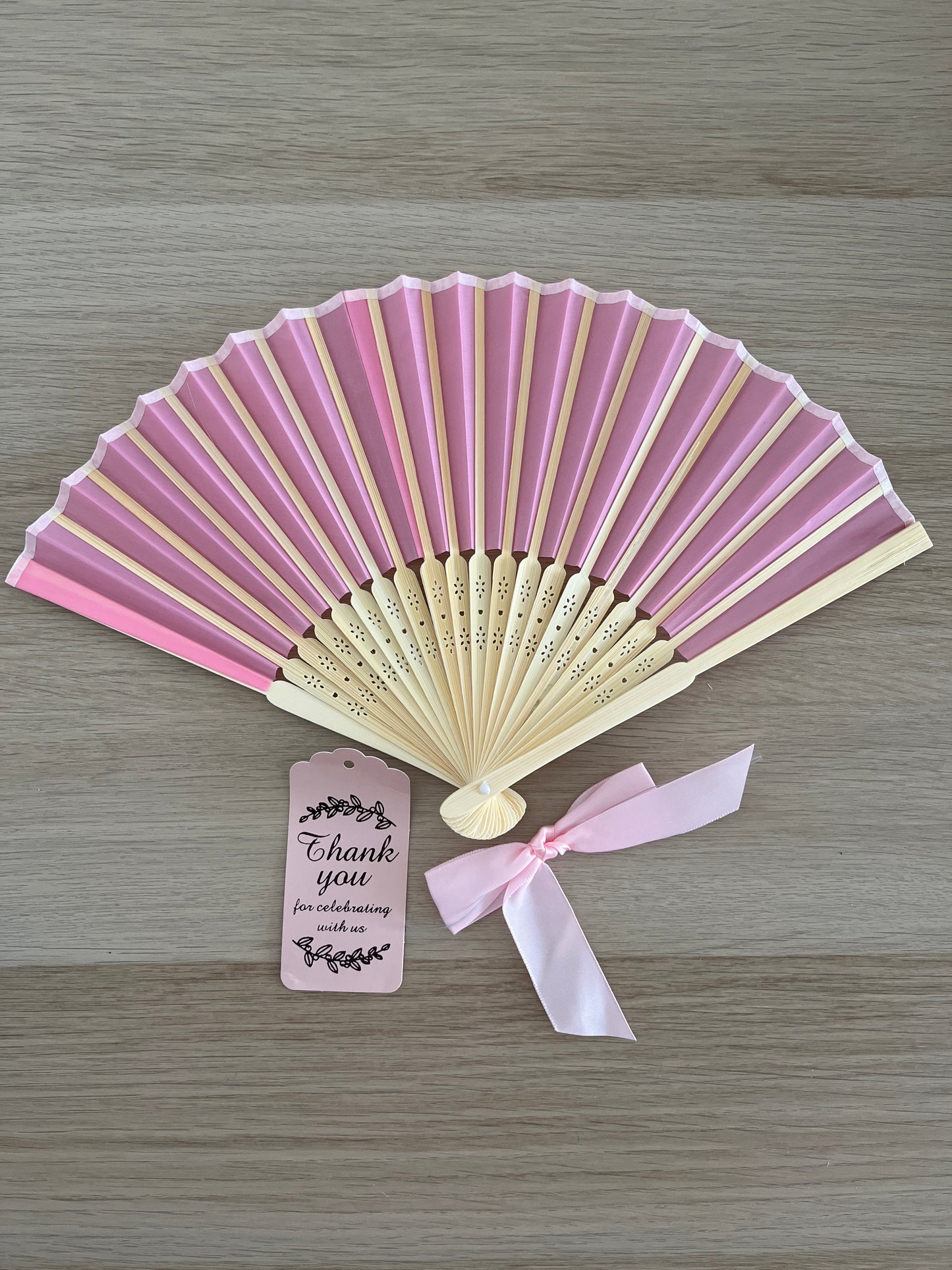 Pink Wood Folding Fan with Gift Bag Thank You Card Set