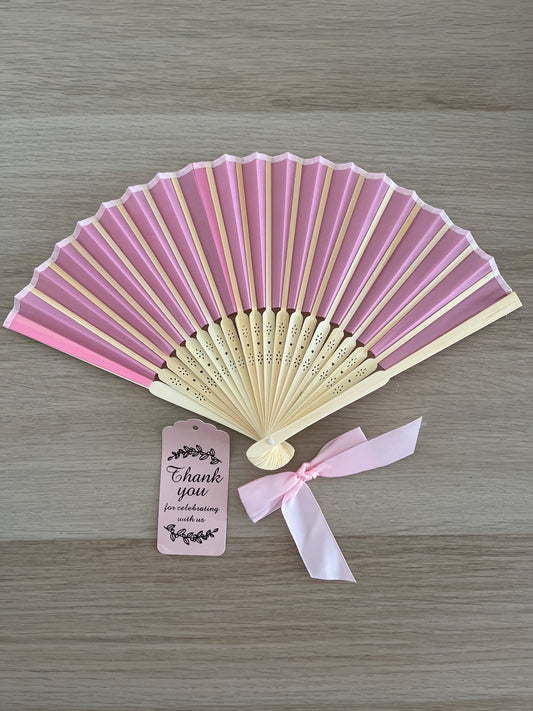 Pink Wood Folding Fan with Gift Bag Thank You Card Set