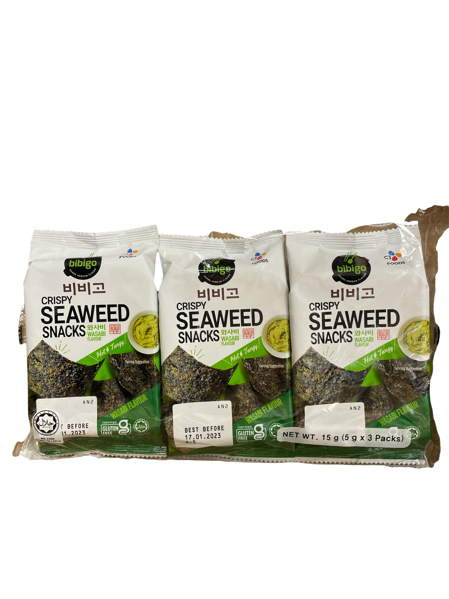 CJ Bibigo Crispy Seaweed in Tray (Wasabi) 15g (3packs) 芥末味紫菜